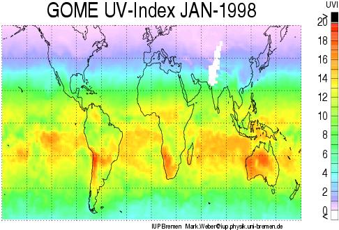 uvb map of world Jan 1998